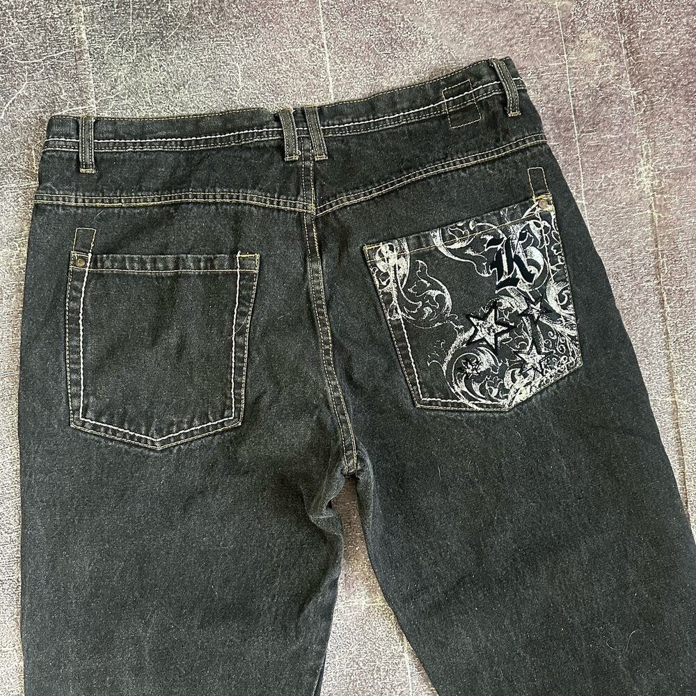 Men's Vintage Y2K Karl Kani Black Denim Wide Leg Embroidered Jeans Sz 38 X 34 - Picture 5 of 5